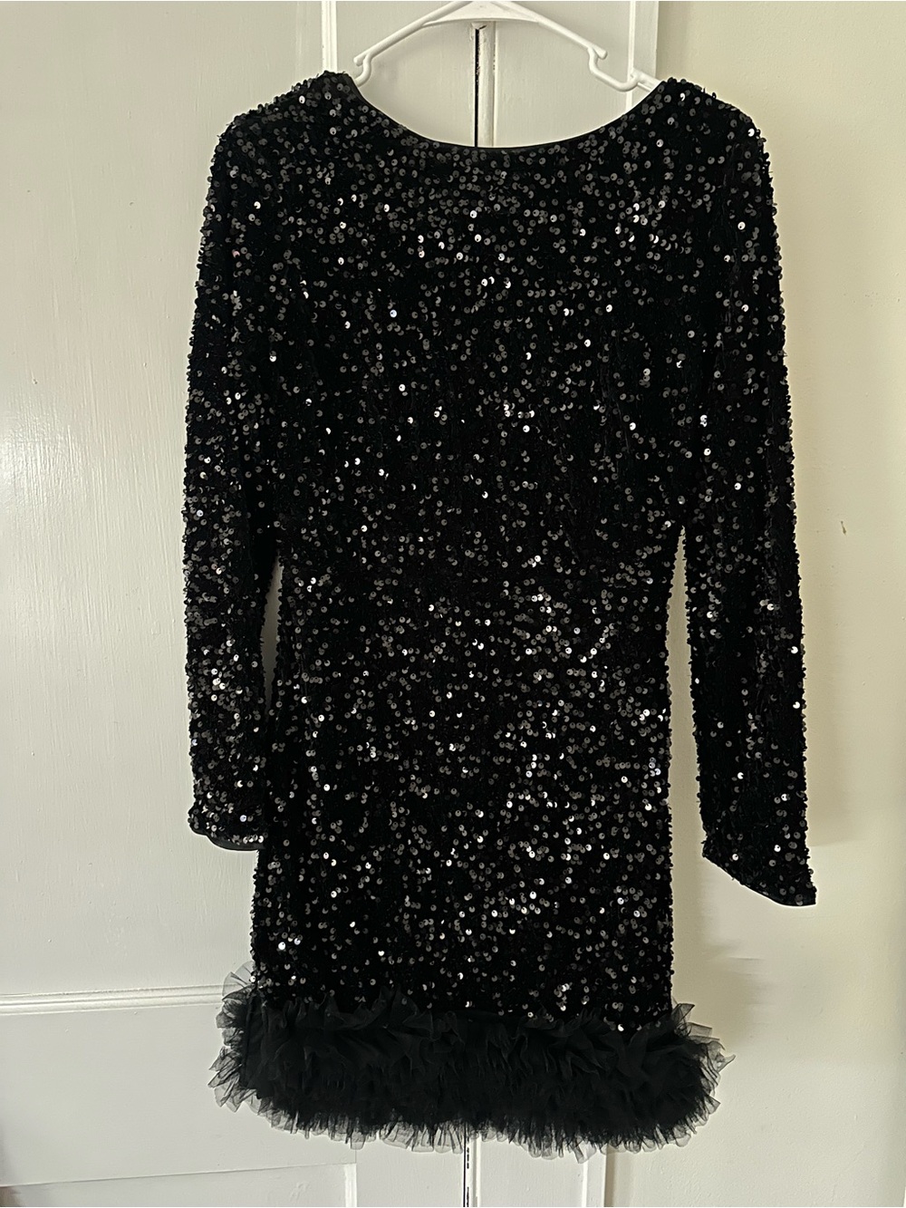 Black Sequin Mini Dress with Feather Hem